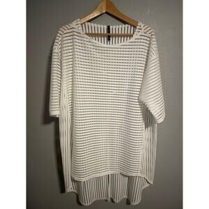 IC By Connie K Shirt Womens Large White Sheer Striped High Low Tunic Made USA